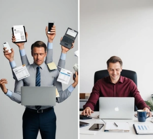 Bild zeigt links Mann mit mehrern Armen, die das Tool-Chaos zeigen und rechts die selbe Person stressfrei am Laptop mit All-In-One-Lösung