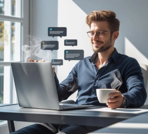 Unternehmer am Laptop ist begeistert von seinen Geschäftsprozessen. Im Hintergrund Darstellung Workflow