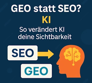 GEO statt SEO als Überschrift und Grafik mit Kopf und Gehirn als Sinnblid fürs Umdenken.