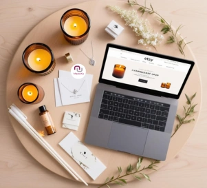 Artikel von Handmade-Businesses auf einem Tisch, schön dekoriert mit einem Laptop, der den eigenen Etsy-Shop zeigt