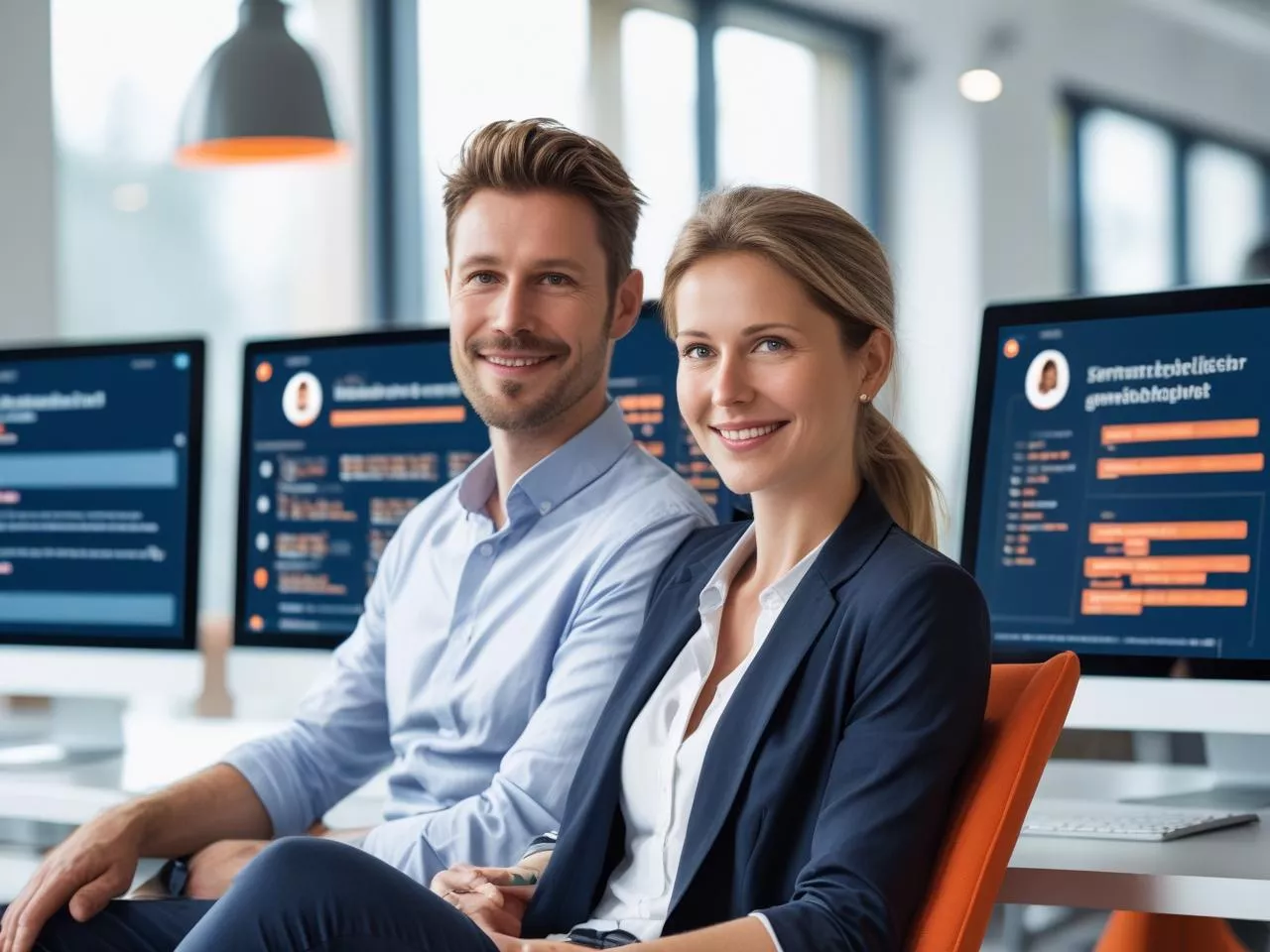 Selbstständiges DUO (Frau + Mann ) sitzt locker in einem Büro. Im Hintergrund sind Monitore mit KI-Ergebnissen