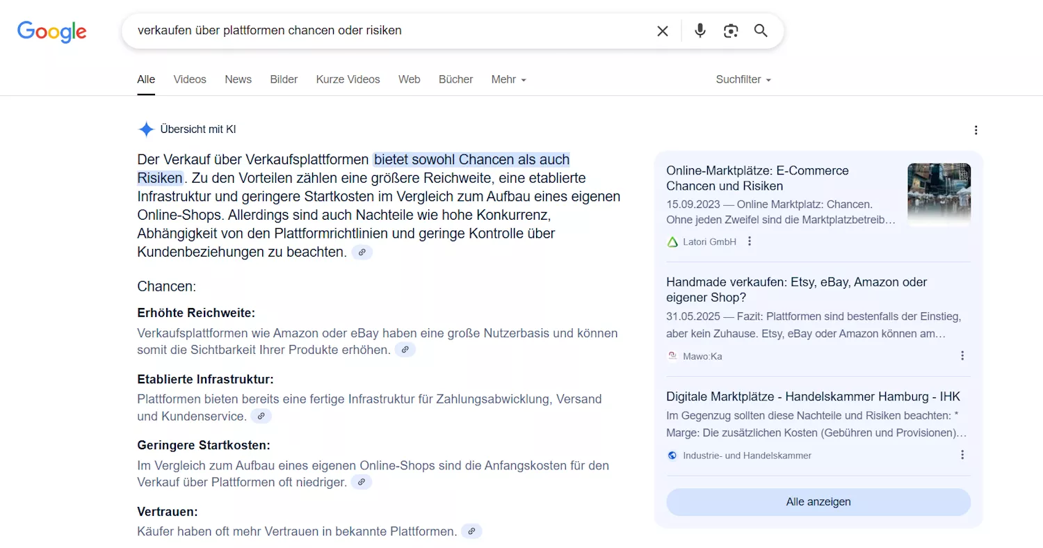 Ausschnitt Google-Suche AI Overviews