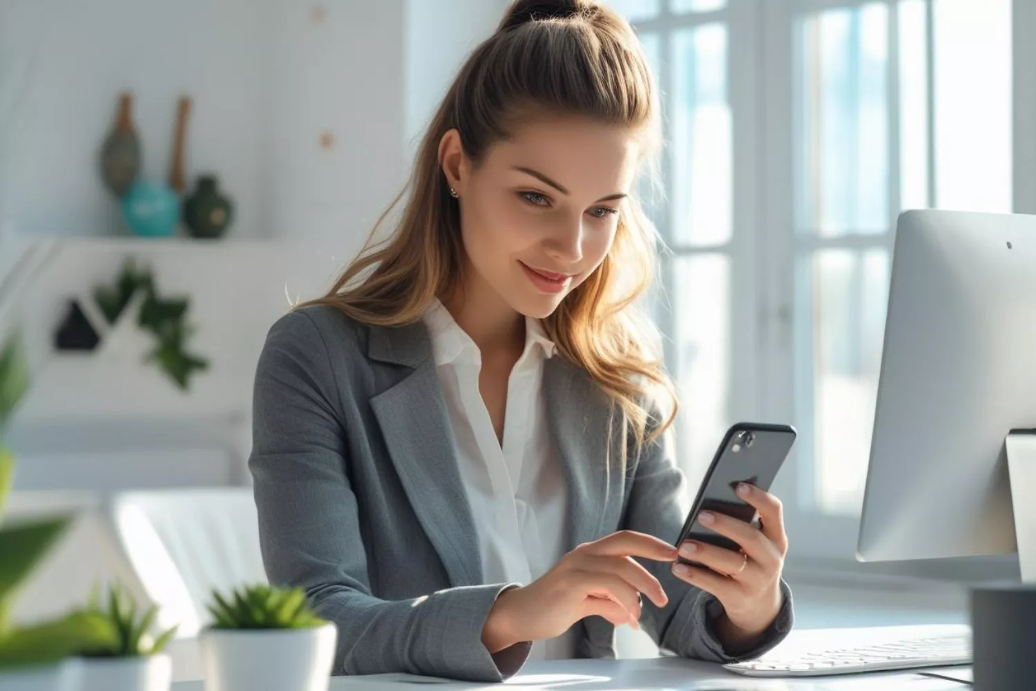 Unternehmerin mit Smartphone in der linken Hand, freut sich über ihre automatisierten E-Mail-Sequenzen