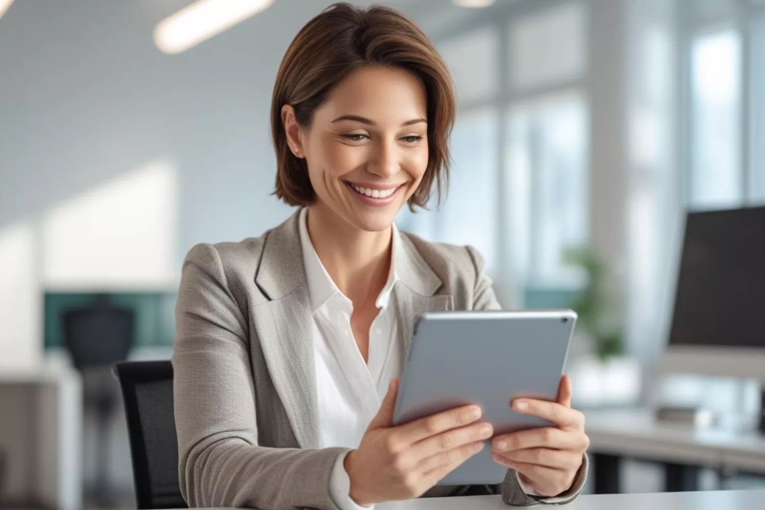 Kundin, am Tablet, liest mit Begeisterung eine Follow-Up-Mail