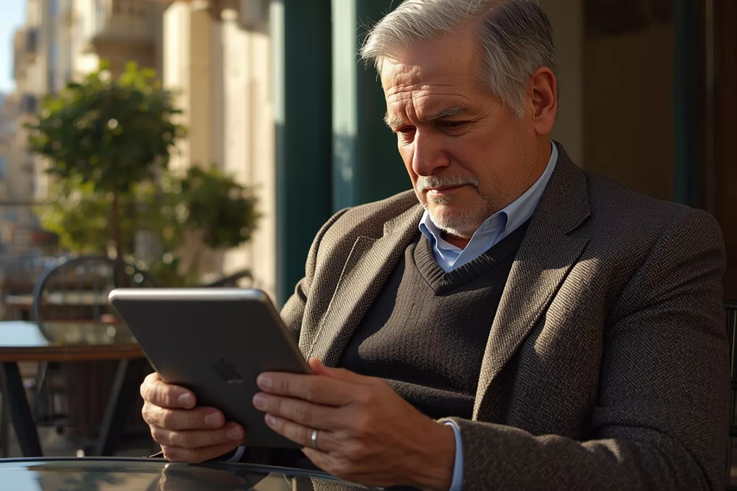 Mann, 60+, am Tablet besucht eine Website, wo er kaum etwas lesen kann