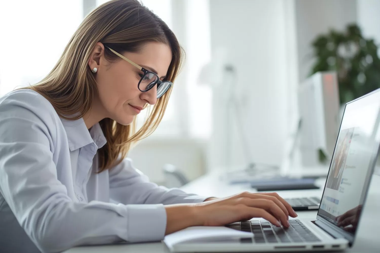 Frau am Laptop mit Lesebrille arbeitet mit Accessify, um Website-Inhalte besser lesen zu können