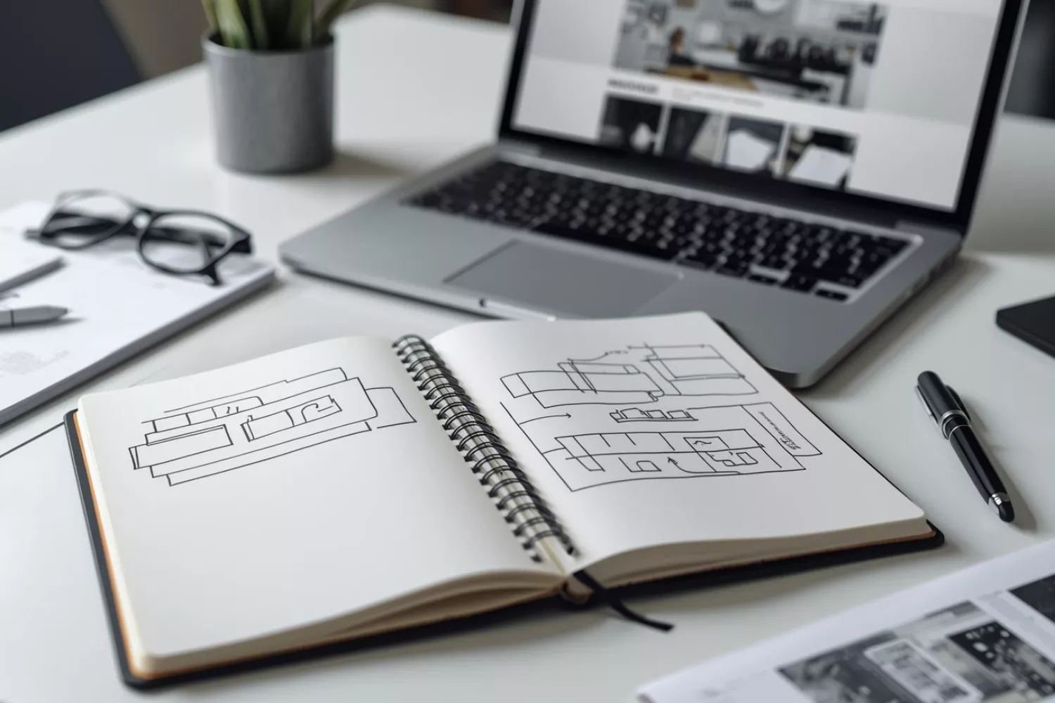 Notizbuch mit Website-Strukturskizze, Schreibtisch-Equipment im Hintergrund