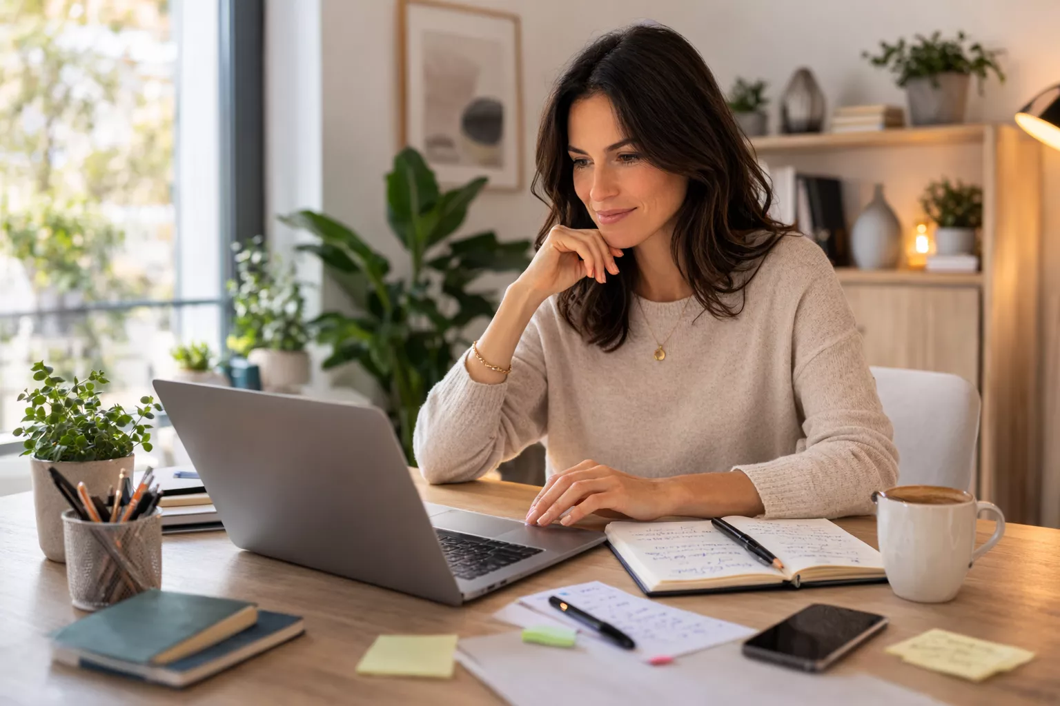Unternehmerin am Laptop strukturiert ihren Funnel