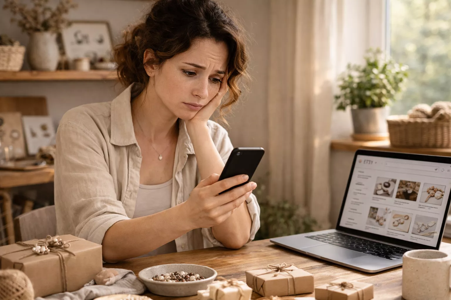 Selbstständige Unternehmerin mit Handmade-Business ist verzweifelt, weil sie nichts verkauft