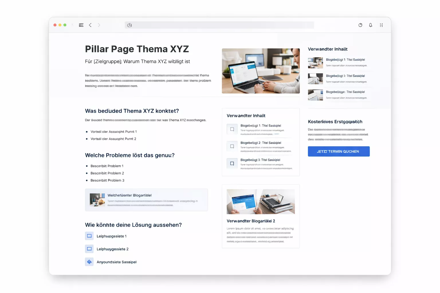 Mockup einer modernen Pillar Page Struktur