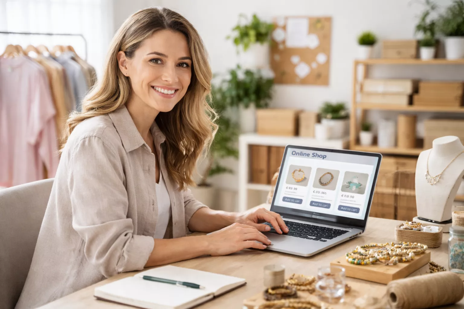 Frau arbeitet an ihrem Online Shop am Laptop