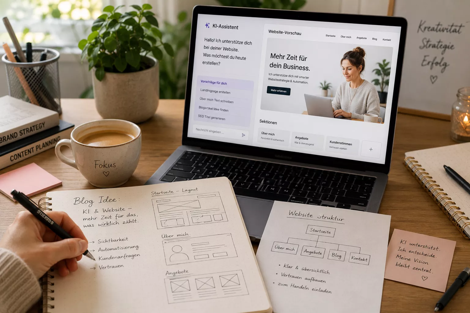Laptop mit KI-Assistent und Website-Planung auf einem Schreibtisch mit Notizbüchern und Skizzen