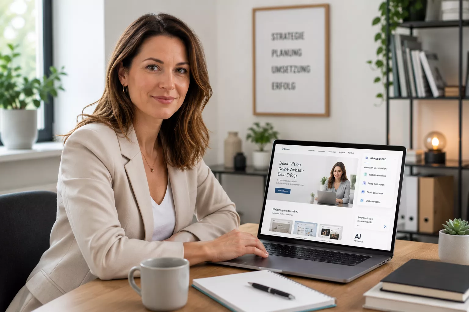 Frau am Schreibtisch mit Laptop zeigt eine professionelle Website