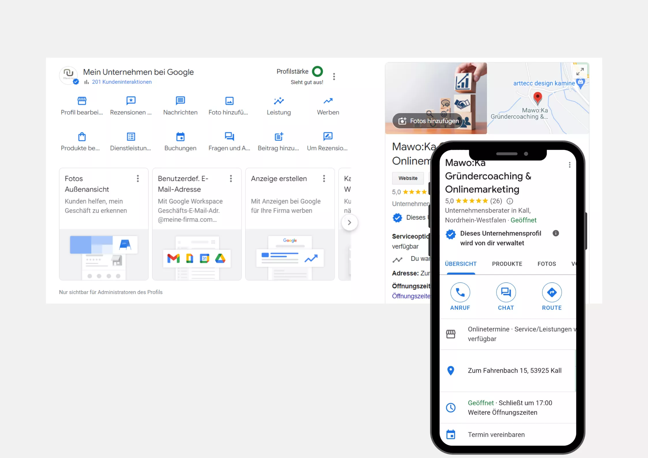 Übersicht eines Google Business Profils am Desktop mit Profilstärke, Fotos und Aktionen, daneben Smartphone mit Mawo:Ka Gründercoaching-Profil, Bewertungen, Karte und Anruf-, Chat- und Routen-Buttons