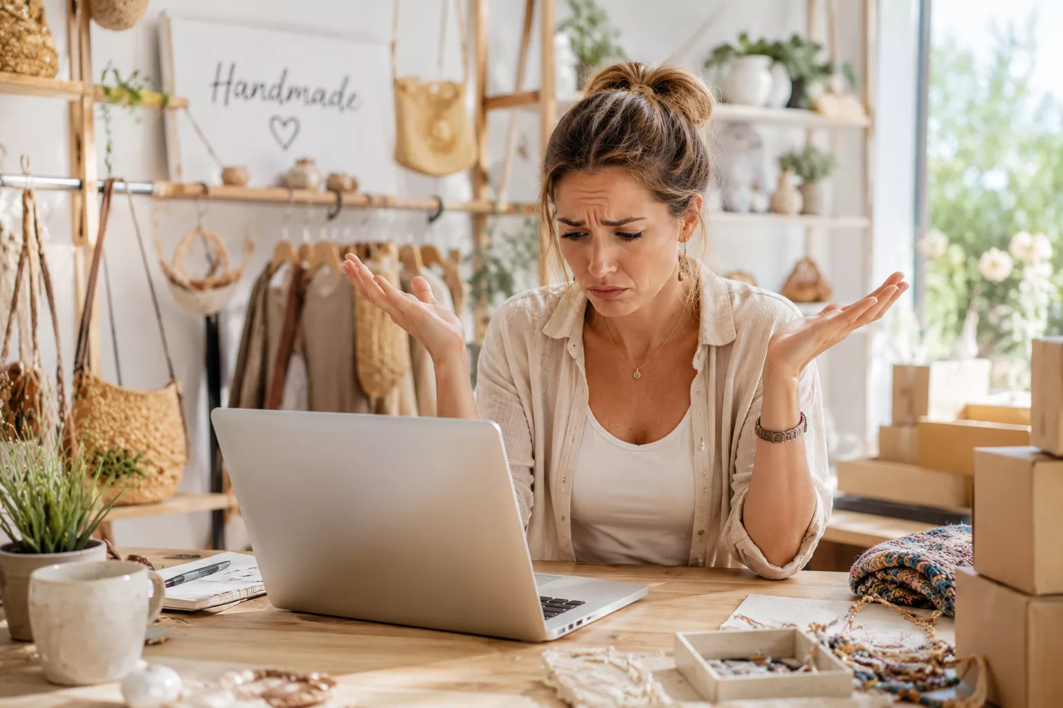 Junge Handmade-Shop-Inhaberin in heller Bluse sitzt mit ratloser Geste vor ihrem Laptop in einem gemütlichen Atelier mit Handmade-Schild, Taschen, Schmuck, Stoffen und Versandkartons