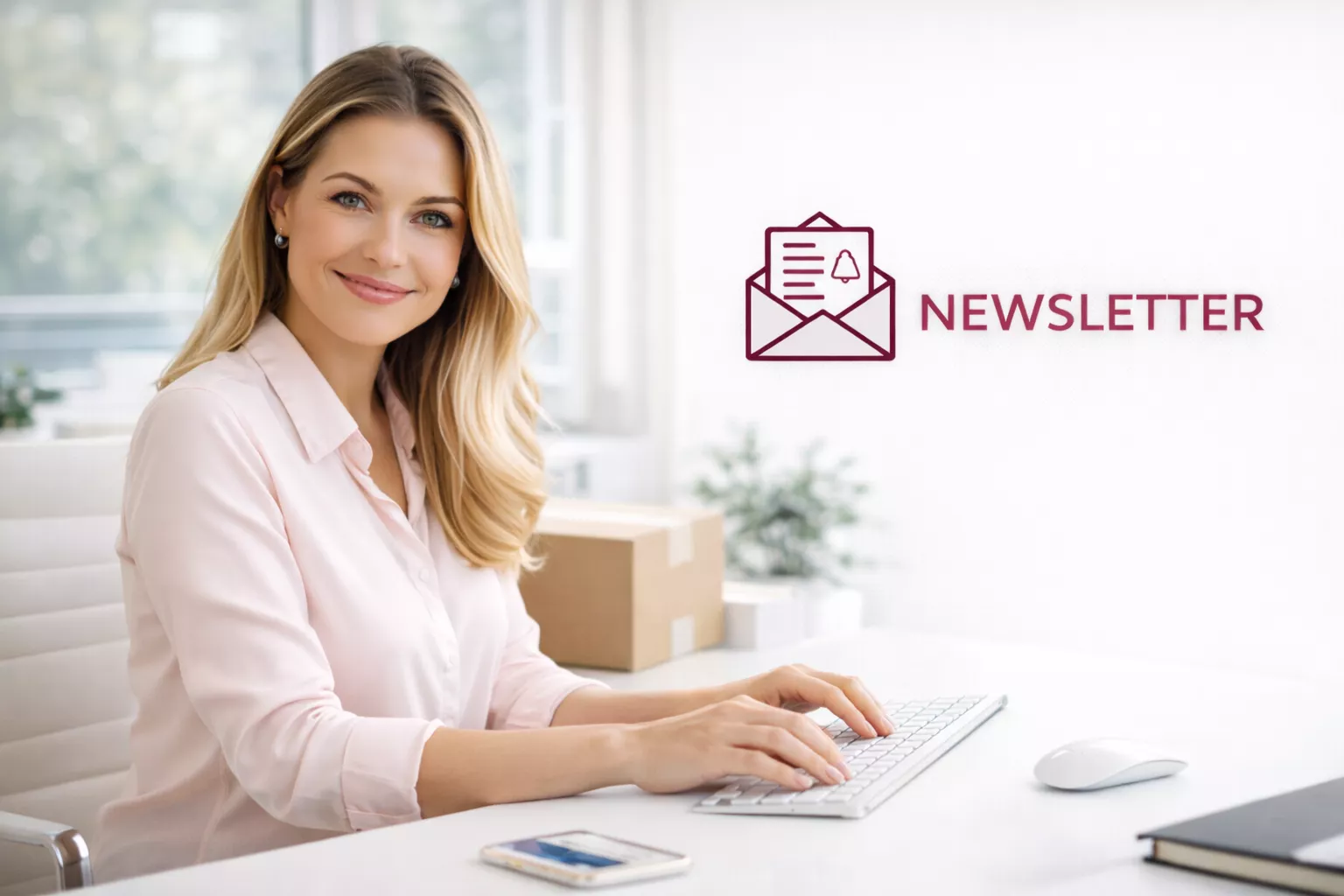 Lächelnde Frau in zartrosa Bluse sitzt am hellen Schreibtisch und tippt auf einer Tastatur, daneben ein Newsletter-Symbol mit geöffnetem Briefumschlag, Brief und Benachrichtigungsglocke sowie der Schriftzug Newsletter