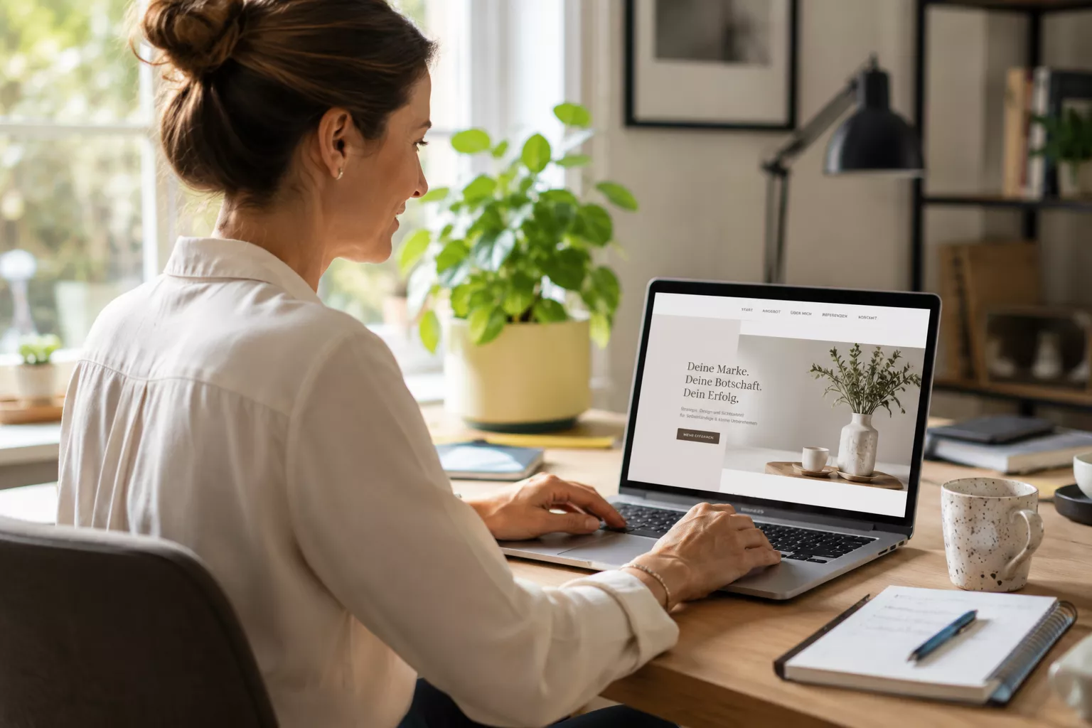 Selbstständige arbeitet konzentriert am Laptop mit einer modernen Website im Homeoffice