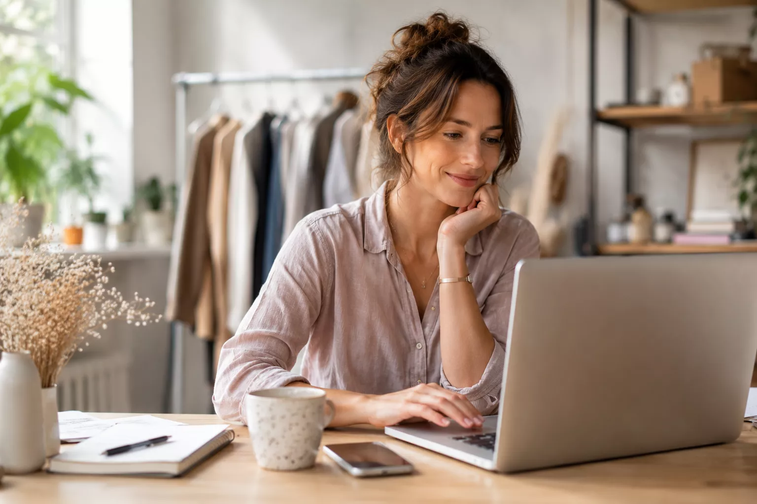 Selbstständige Frau arbeitet entspannt und konzentriert am Laptop in ihrem hellen Atelier