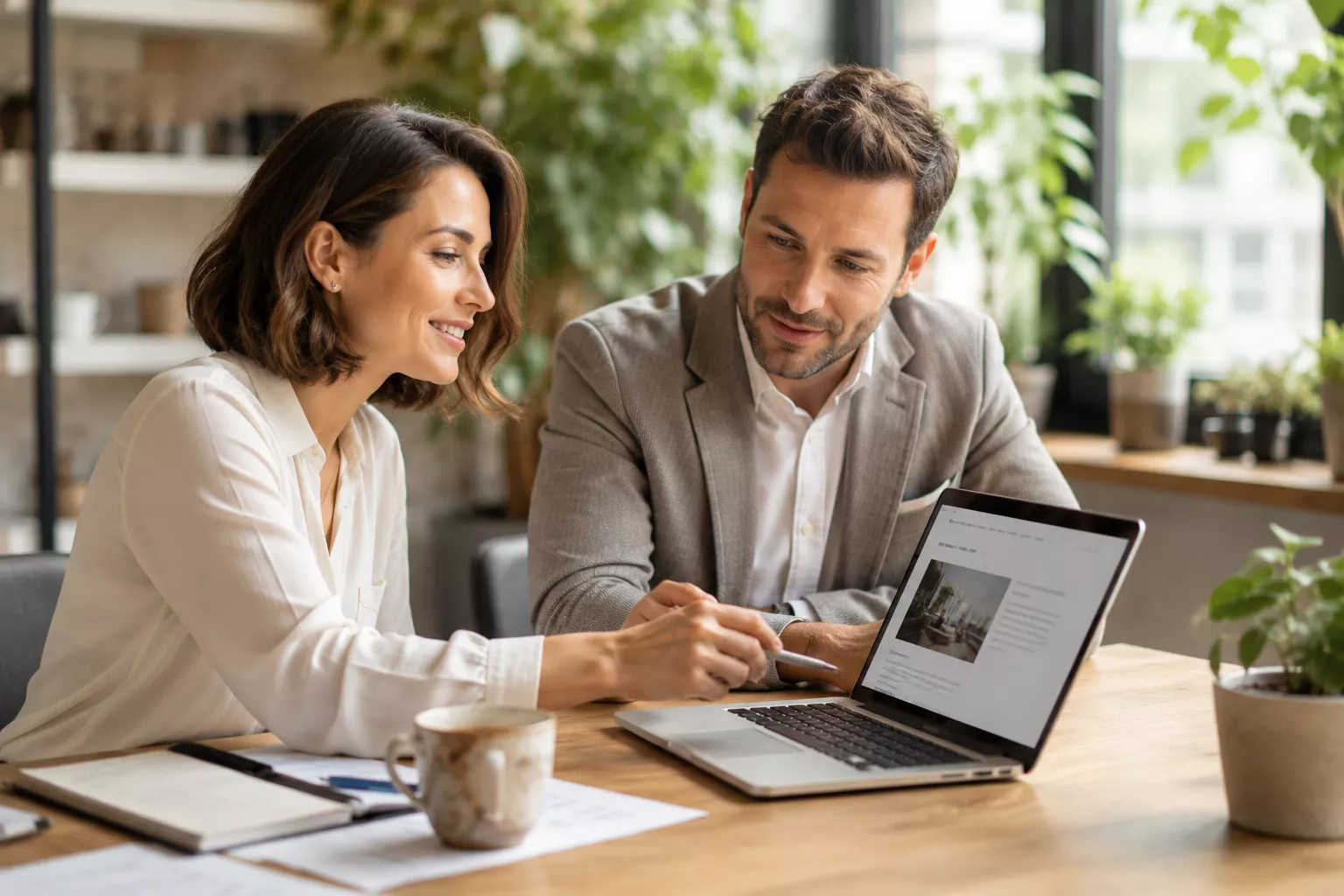Beraterin und Kunde besprechen gemeinsam eine Website am Laptop in hellem, pflanzenreichem Büro