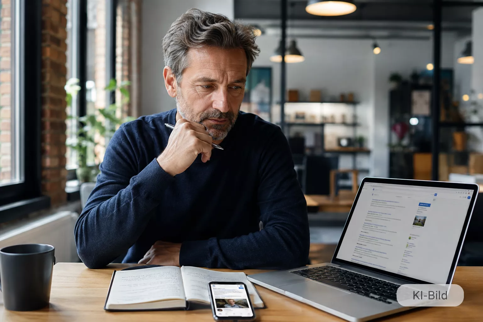 Selbstständiger sitzt nachdenklich am Schreibtisch und betrachtet Google-Suchergebnisse auf Laptop und Smartphone