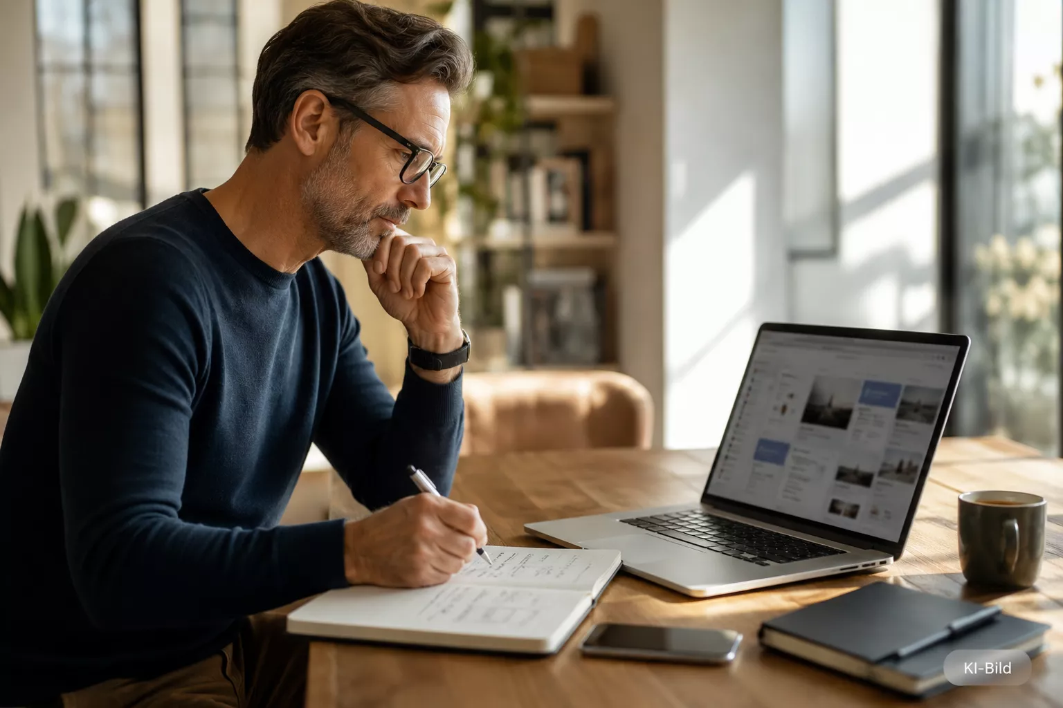 Ein Mann mit Brille sitzt konzentriert an einem Holztisch, macht sich Notizen in einem Notizbuch und betrachtet dabei nachdenklich Inhalte auf seinem Laptop in einem hellen Wohnraum.