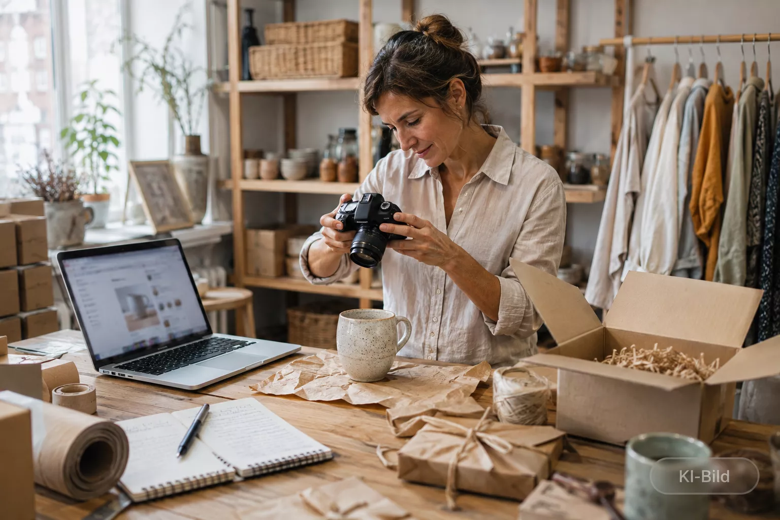 Eine Frau mit Dutt fotografiert mit einer Kamera ein handgemachtes Produkt an einem Holztisch, umgeben von Versandkartons, Packpapier, Garn und einem Laptop mit geöffnetem Online-Shop in einem hellen, natürlich eingerichteten Atelier.