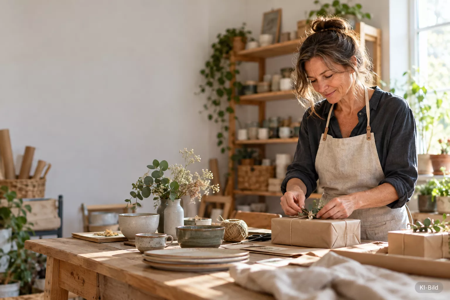 Handwerkerin in Leinenschürze verpackt in einem hellen, mit Keramik und Pflanzen dekorierten Atelier ein Paket in Packpapier und verziert es mit einem Zweig