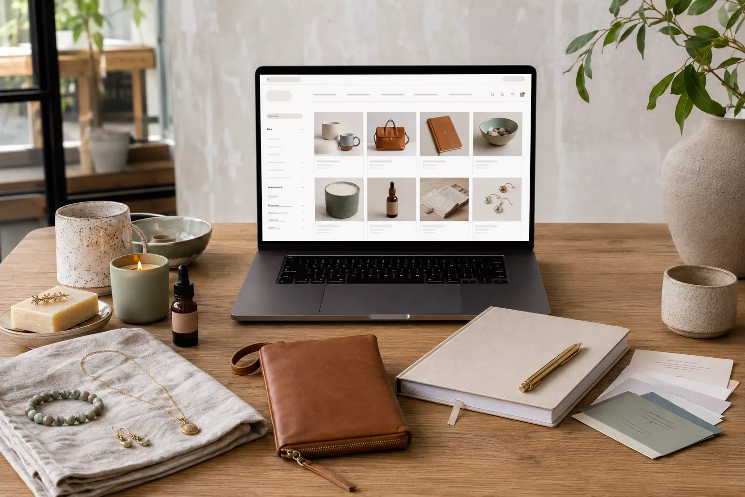 Laptop mit geöffnetem Online-Shop auf einem Holztisch mit Produkten