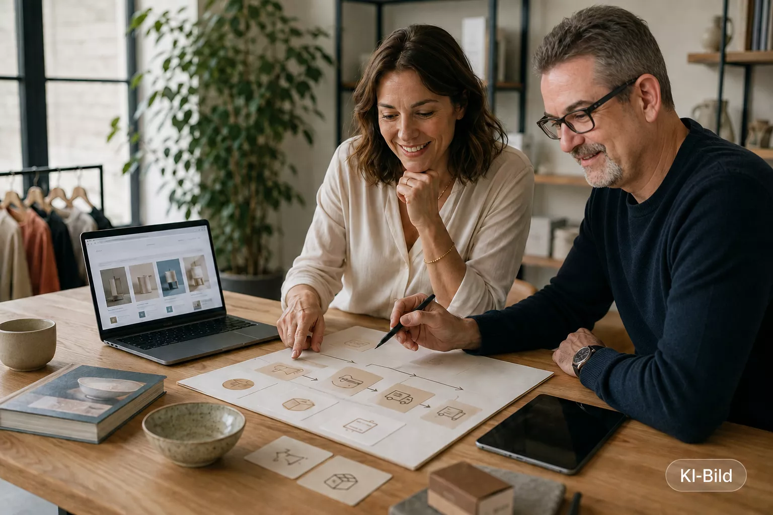 Zwei Personen planen gemeinsam ihren Online-Shop-Fahrplan am Tisch mit Laptop und Skizze