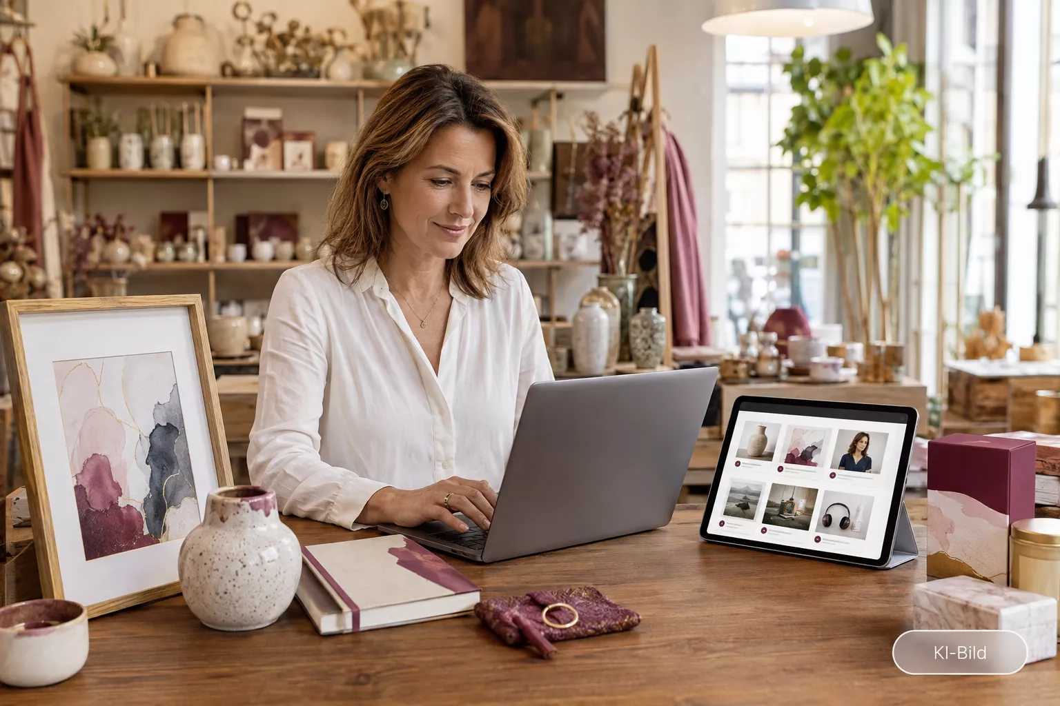 Unternehmerin verwaltet physische und digitale Produkte am Laptop und Tablet im Ladengeschäft