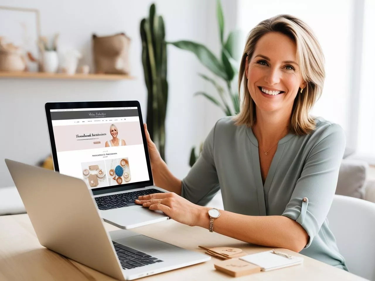 Start-up-Frau zeigt stolz ihre Website auf einem Laptop