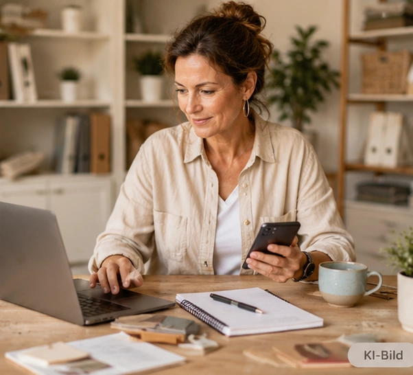 Unternehmerin am Laptop arbeitet und plant strukturiert ihren Online Shop