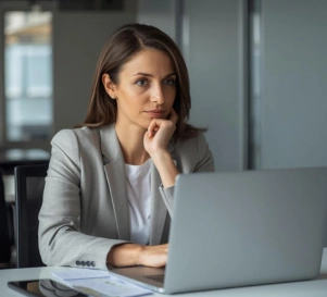 Unternehmerin am Laptop sitzend, nachdenklich