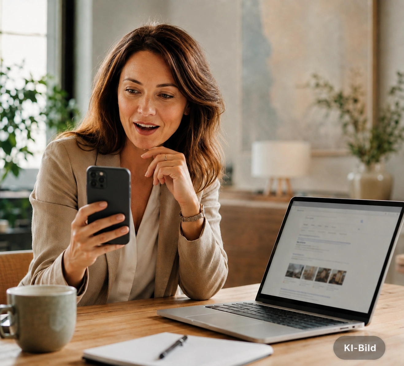 Unternehmerin am Laptop überprüft ihre Social Media-Aktivitäten am Smartphone. Neben ihr ein geöffneter Laptop mit der Google-Suche