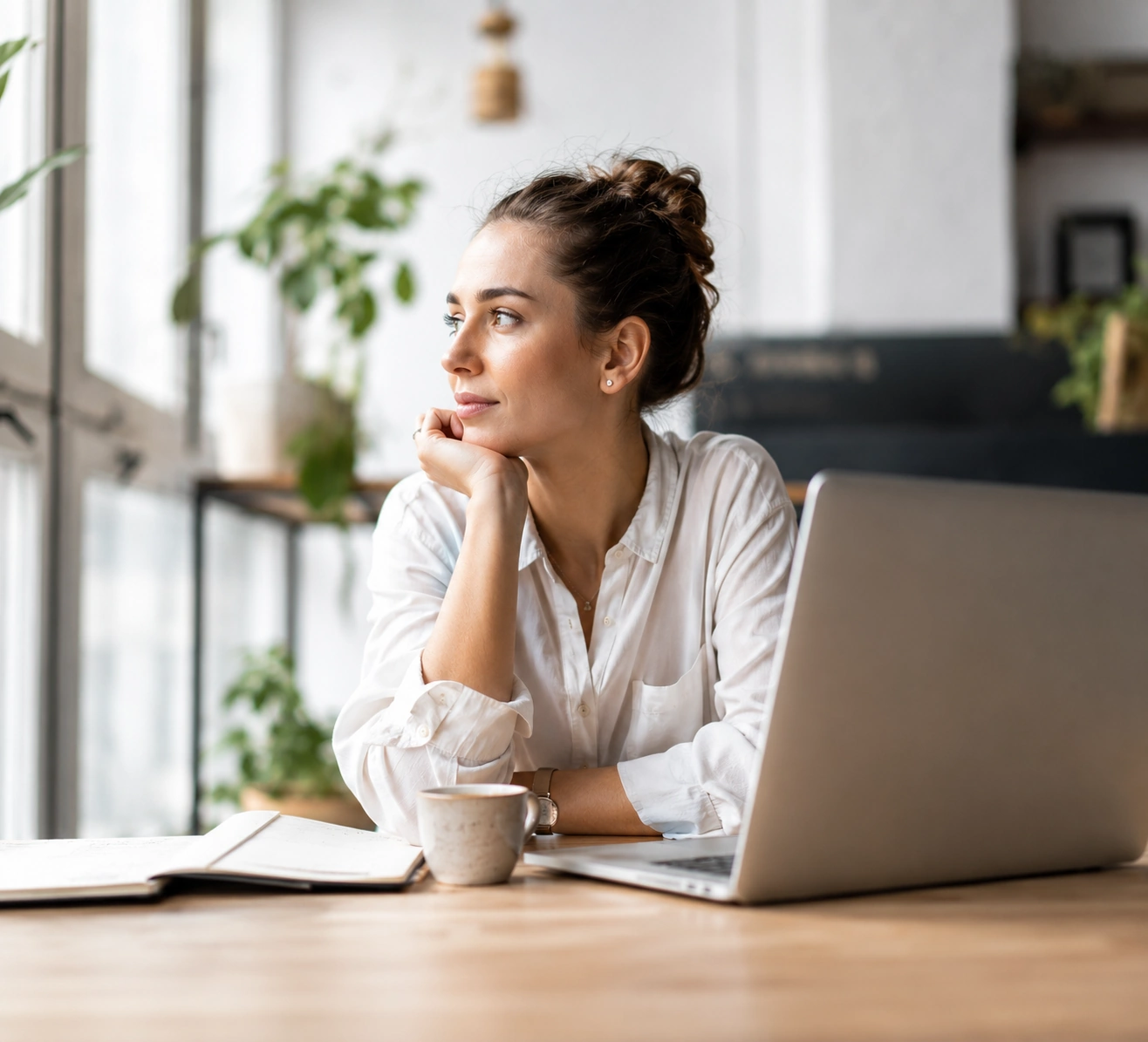 Unternehmerin am Laptop denkt darüber nach, wie sie sichtbarer werden kann