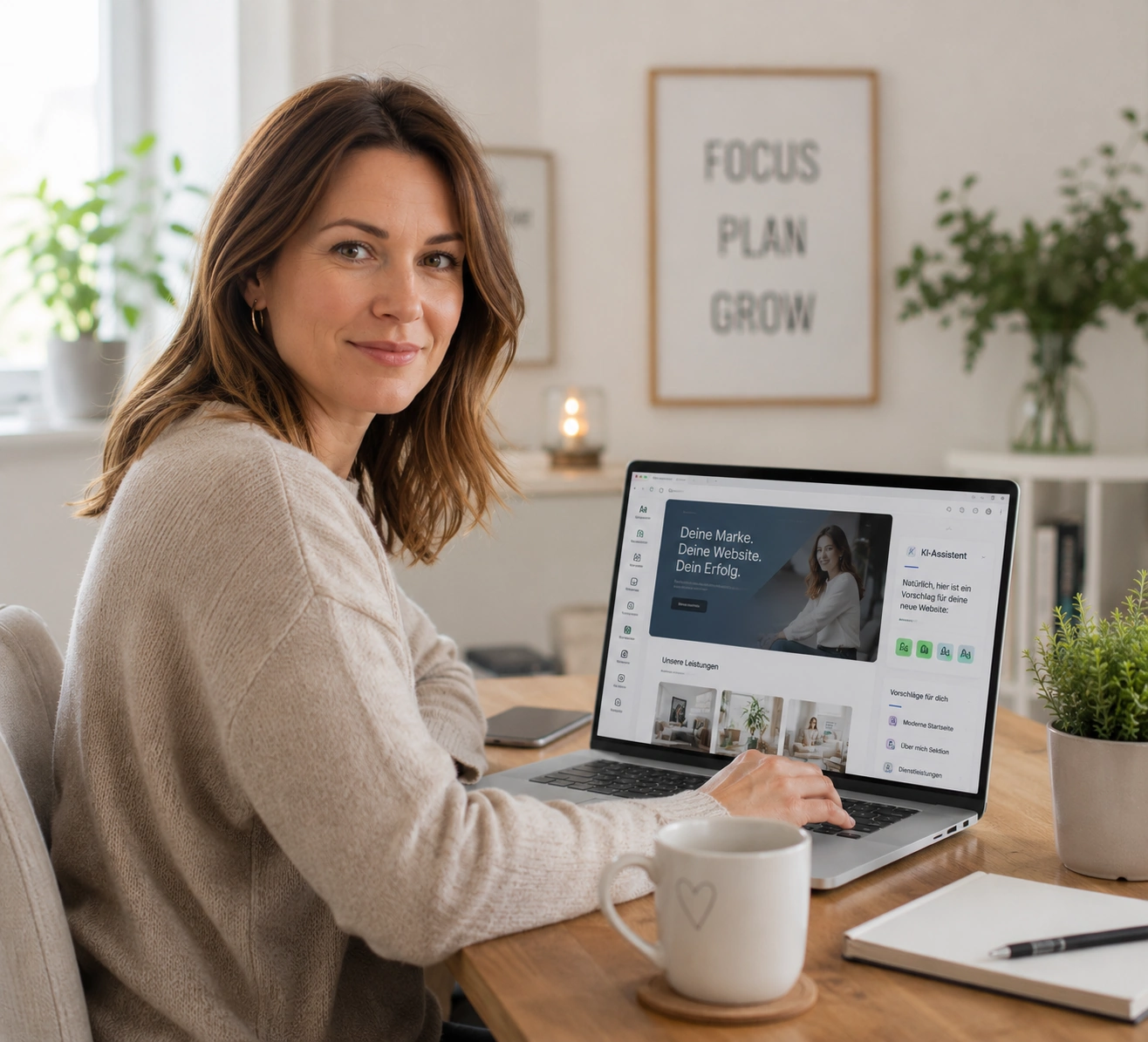 Unternehmerin am Laptop weiß um die Einzigartigkeit ihrer Website