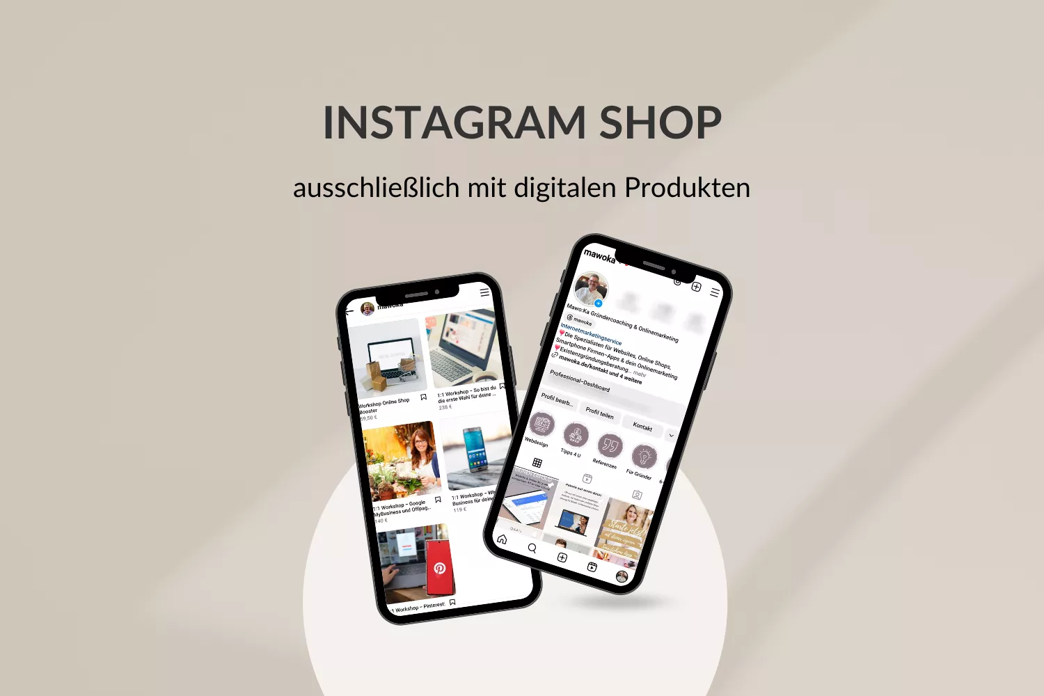 Unser Instagram Account als Beispiel für die Instagram Shop-Funktion inklusive Tab in der Bio auf zwei Smartphones