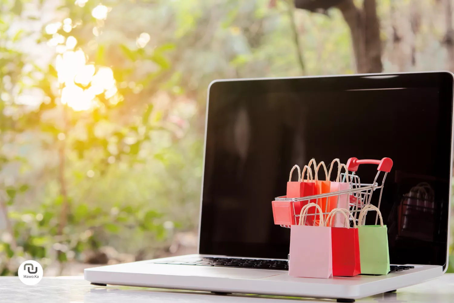 Laptop mit Einkaufswagen und Einkaufstüten als Sinnbild für einen eigenen Online Shop