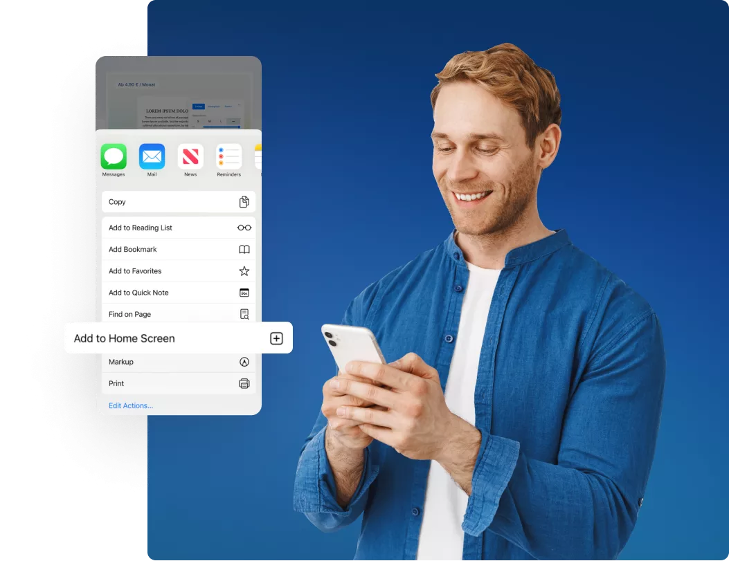 Mann fügt dein Firmen-App-Icon seinem Startbildschirm des Smartphones hinzu