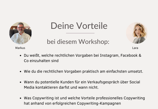 Vorteile 2:1 Workshop Social Media & Copywriting mit Lara und Markus