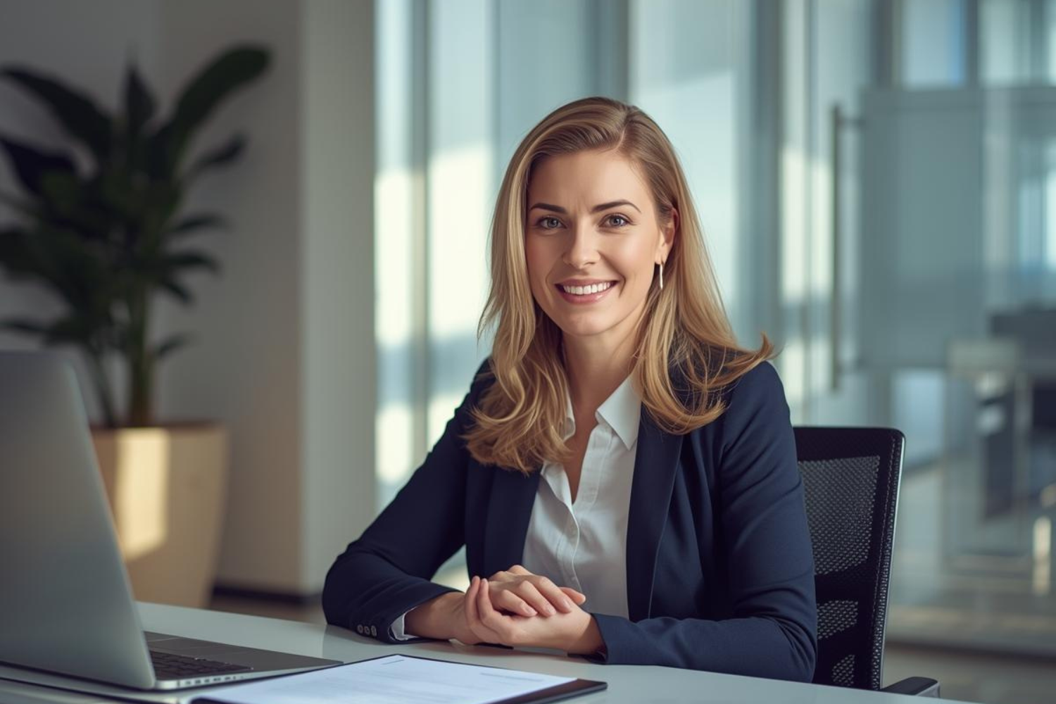 Business Profiling - Unternehmerin am Schreibtisch im Büro sitzend