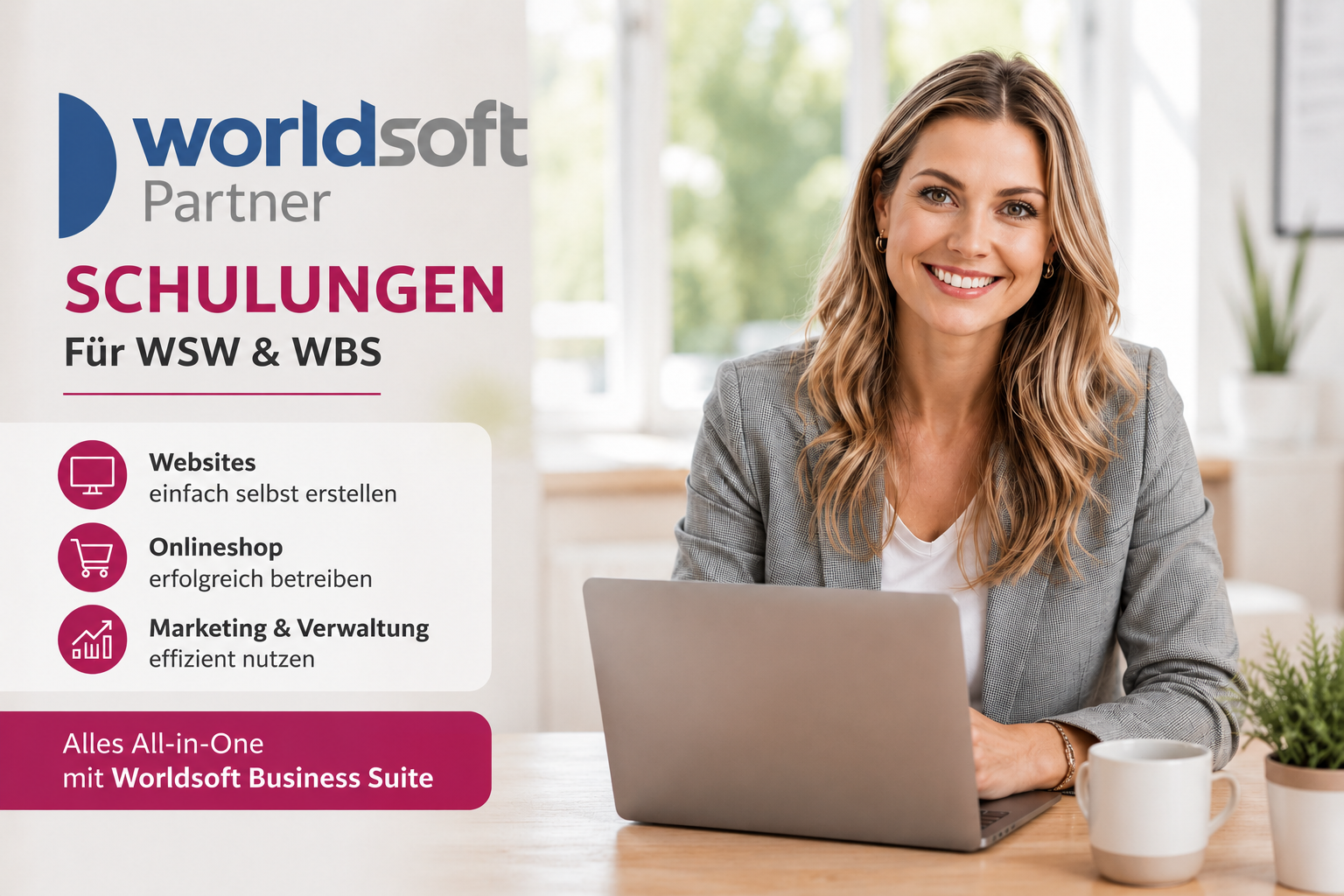 Junge Unternehmerin am Laptop nutzt unser Schulungsangebot für ihre Website